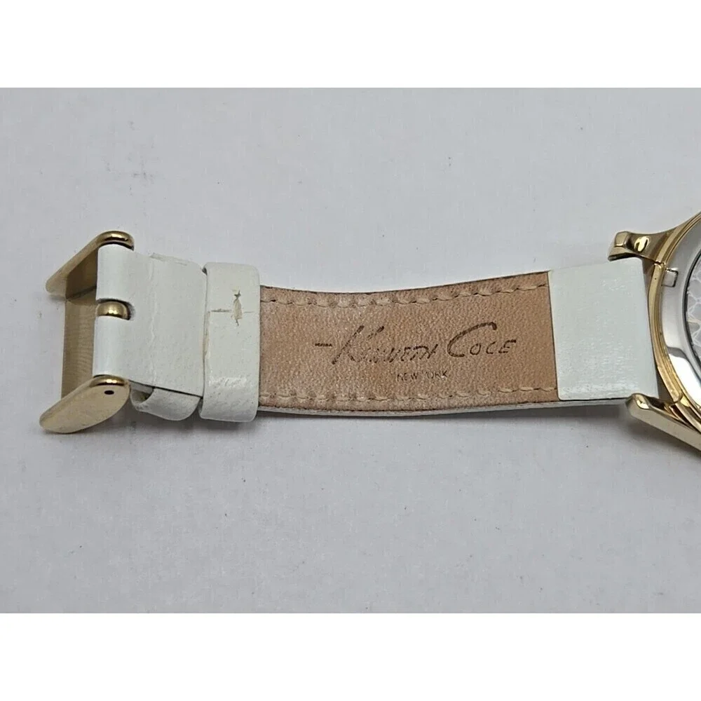 Kenneth Cole New York Lattice Dial Gold Womens Watches White Leather New Battery